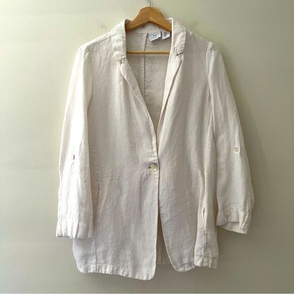 Halston 100% Linen Blazer Jacket White Roll Tab Size Medium Coastal Minimalist - Picture 1 of 8